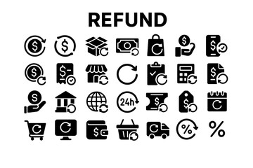 A versatile set of bold, solid black icons representing refunds, returns, and financial transactions. Ideal for apps, websites, and presentations.