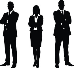 Silhouettes of confident business professionals in formal attire standing with arms crossed, isolated vector illustration for office and teamwork concepts.