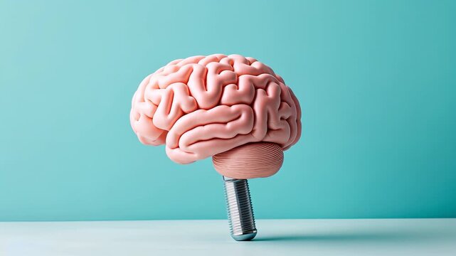 Animated brain on screw tension: surreal metaphor of constructive thought progression