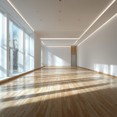 Obraz premium Empty modern room featuring sleek glass wall, minimal interior design, open space, natural light, and contemporary architectural elegance.