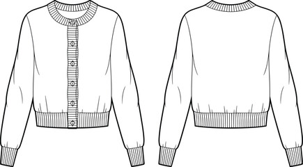 Rib knit button-down cardigan flat sketch – round neck, full sleeves, front placket, technical fashion CAD for women © Creative Artist