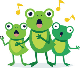 Obraz premium Cartoon frogs singing in a choir with musical notes above their heads