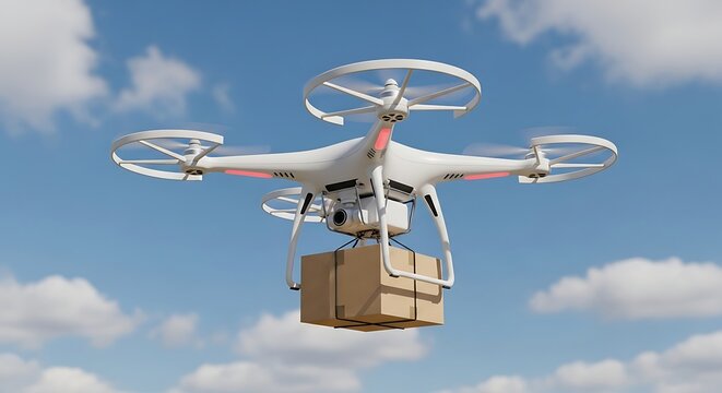 A realistic 3D rendering of a white quadcopter delivery drone flying through a bright blue sky with scattered fluffy clouds