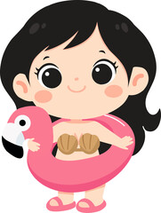Cute Cartoon Girl with Flamingo Floatie