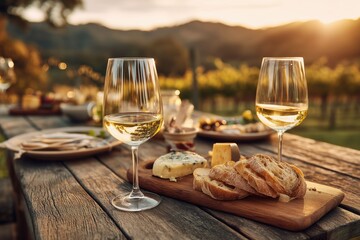 Wine glasses cheese bread outdoor vineyard sunset