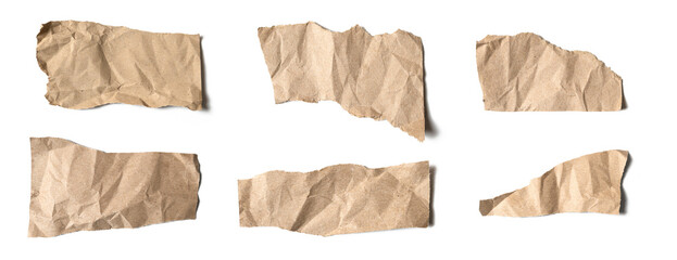 set of crumpled torn paper on transparent png.