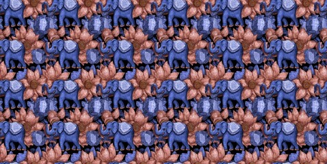 Seamless Indian block print pattern featuring elephants and lotus flowers in earthy terracotta and indigo hues