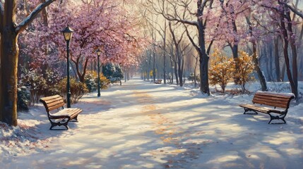 Scenic winter park scene with snow-covered pathway blooming cherry blossom trees outdoor benches lampposts and soft sunlight casting gentle shadows