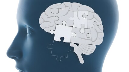 Human head with a brain composed of puzzle pieces, symbolizing cognitive processes or problem-solving.