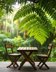 Obraz premium Wooden table and chairs in a lush garden