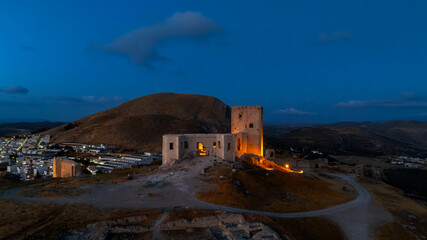  castillo de la estrella en el municipio de Teba visto desde un dron al atardecer, Andalucía