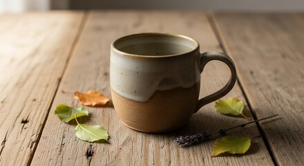 Obraz premium Ceramic Coffee Mug on Wooden Table with Autumn Leaves Cozy Fall Morning Still Life