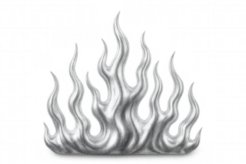 Metallic silver flames rising on a transparent background, creating a striking visual with a sense of power and energy
