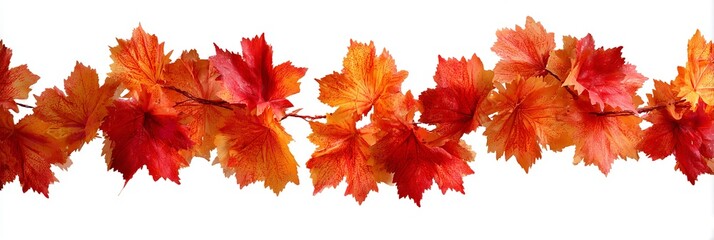 Autumn-inspired maple leaf garland in vibrant red and orange hues on clean white backdrop, highlighting natural seasonal beauty