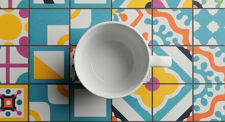 Colorful Ceramic Tiles with a White Cup on Patterned Surface Interior Design Concept