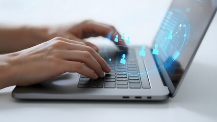 Hands typing on a laptop with a digital network overlay