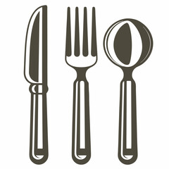 Linear monochrome rendering illustrates fork, knife, and spoon dining utensils in a kitchen setting