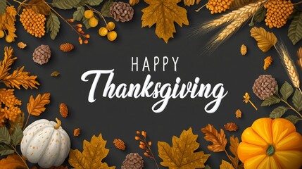 Fototapeta premium Happy Thanksgiving: A festive Thanksgiving composition featuring fall foliage, pumpkins, and wheat, creating a warm and inviting atmosphere.