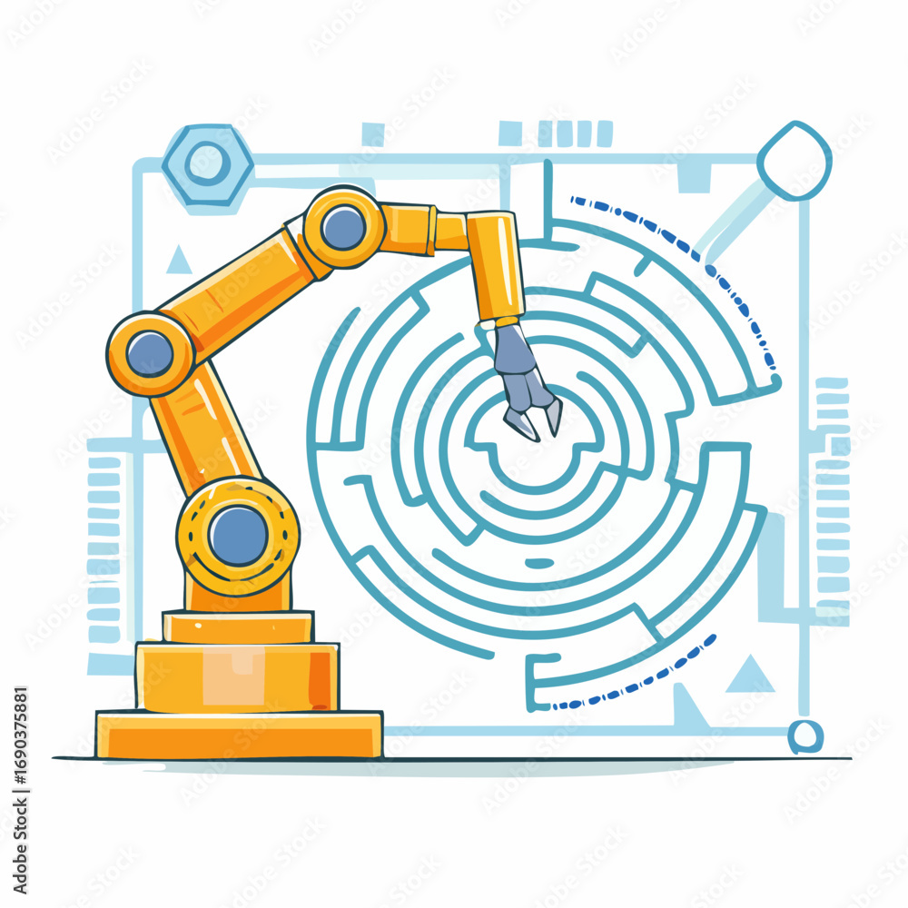 Poster orange robot arm navigating abstract maze