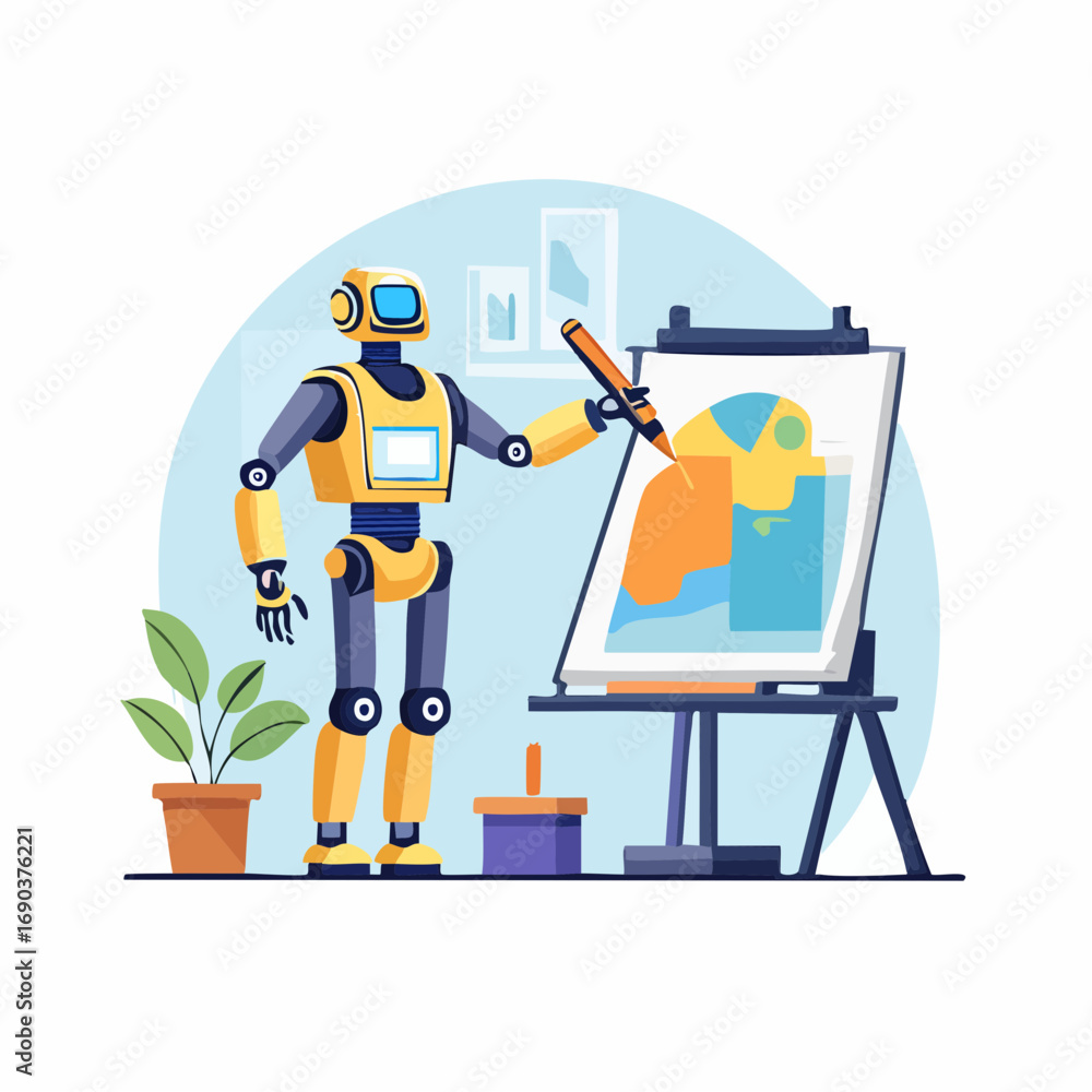 Poster robot artist working on a blueprint