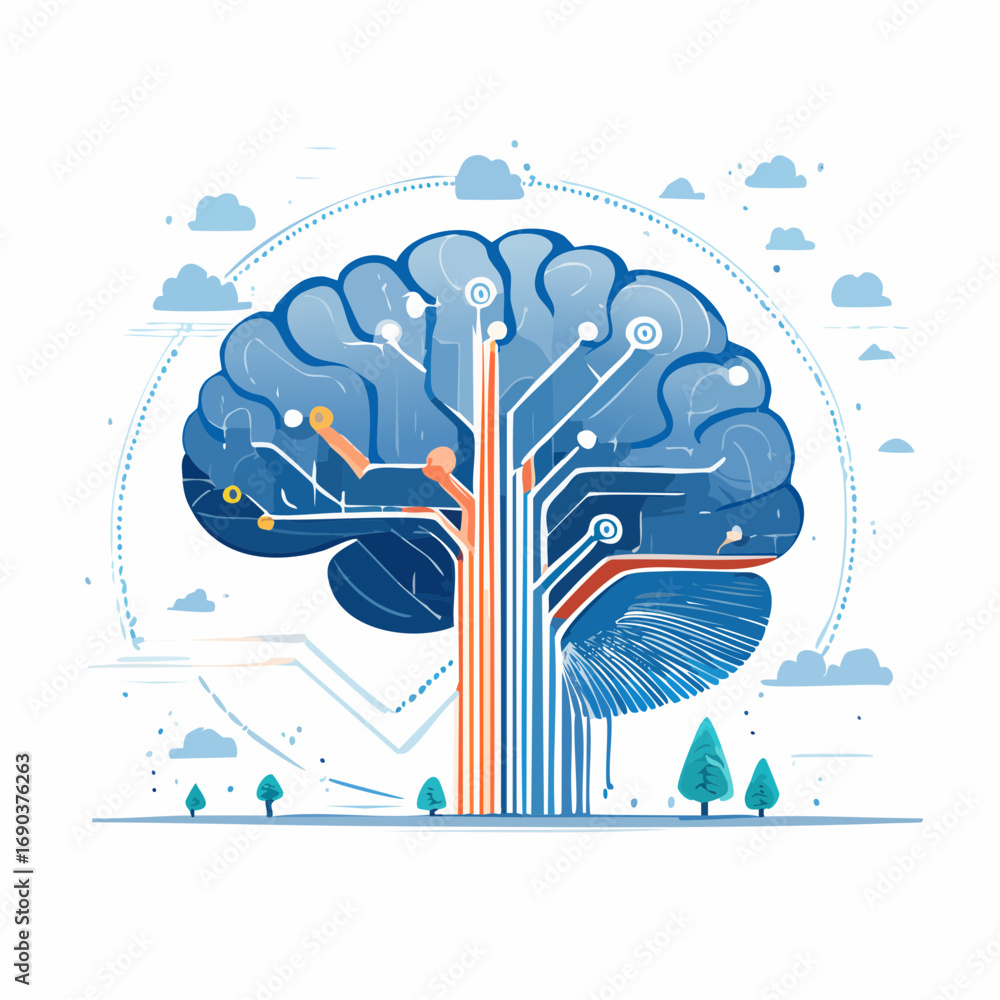 Poster abstract illustration of a brain as a tree with circuitry