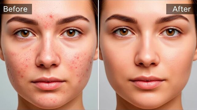 Split image showing a face with skin imperfections on the left and clear smooth skin on the right