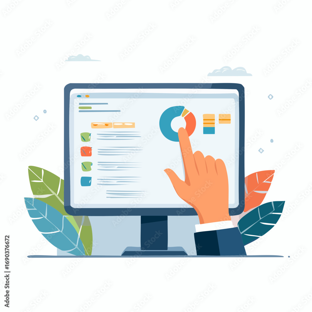 Poster hand pointing at computer screen data graphic
