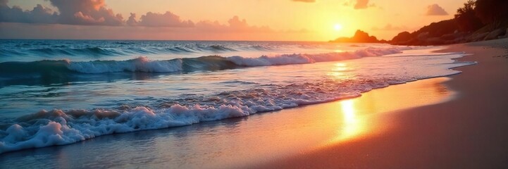 Smooth, rounded waves gently caress the sandy shore at sunset, creating a serene and picturesque coastal scene The soft light bathes the water in warm, inviting tones , serene, natural