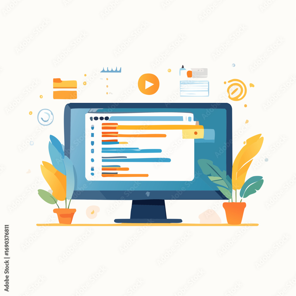 Fototapete flat design computer screen with task list and plants
