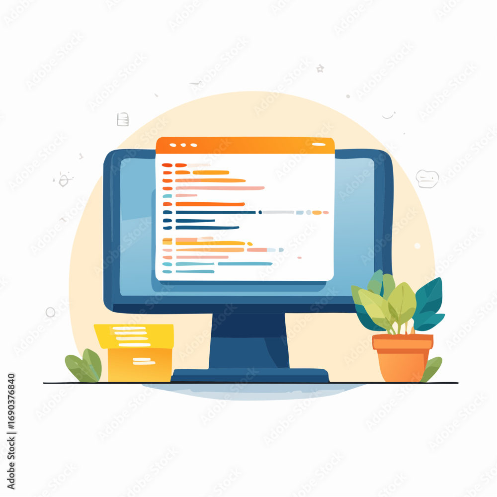Poster flat design computer screen showing colorful code