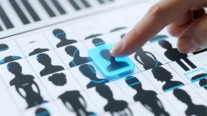 Hand selecting a highlighted user icon from a grid of silhouettes on a digital interface