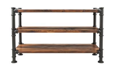 Three-tier industrial shelf with dark metal pipe frame and rustic wooden planks