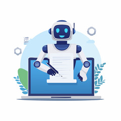 Smiling Robot Signing Document on Laptop