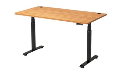 Modern height-adjustable standing desk with bamboo top, dual cable grommets, and black metal legs
