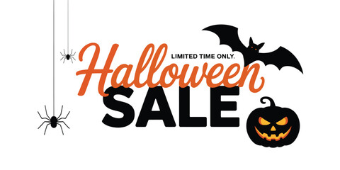 Halloween sale graphic with orange cursive text, bold SALE lettering, flying bat, spiders, and glowing jack-o'-lantern for festive marketing