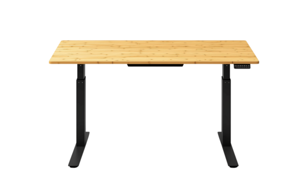 Height-adjustable standing desk with light wood top and black metal legs, offering a spacious, modern workstation design