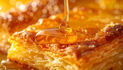 Golden Honey Drizzling on Flaky Pastry