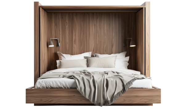 Modern wooden platform bed with cozy bedding, a headboard alcove, and adjustable reading lights, featuring neutral linens and a draped knit throw