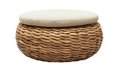 Round woven wicker ottoman with cushioned beige top, featuring a braided natural fiber base and soft upholstered seat.
