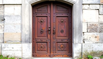 Ornate wooden double doors on stone building