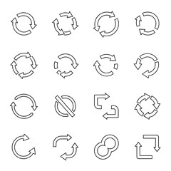 A collection of sixteen thin line icons featuring various circular arrow symbols for refresh, reload, and recycling concepts.