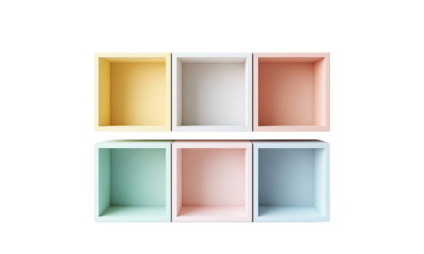 Colorful cube-shaped shelves in pastel tones arranged in two rows of three. A playful and modern storage or display unit ideal for home or office decor.