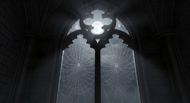 Eerie gothic window with intricate spiderwebs illuminated by moonlight perfect for halloween