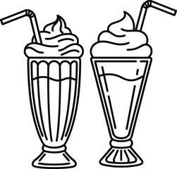 Milkshake, whipped cream, dessert, sweet drink, vector illustration, black and white, line art, retro glass, straws, beverage, graphic, ink, sketch, outline, classic,