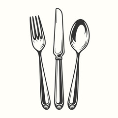 Minimalist lineart displays an elegant setting for dining with fork, knife, and spoon
