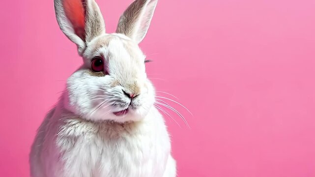 A white rabbit sitting on a pink background