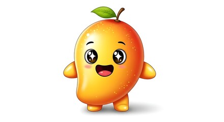 A cartoon mango character with big eyes and a smile standing on a white background in a cute style