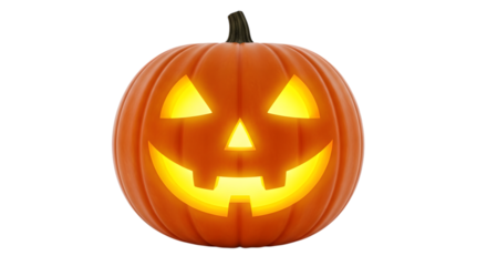 A smiling jackolantern with a carved face, isolated on a transparent background