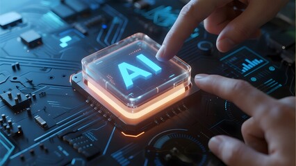 Hands interacting with an illuminated AI chip on a futuristic circuit board