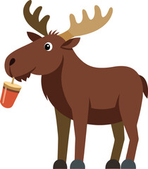 Obraz premium Cartoon Moose Holding a Cup Cute Animal Illustration for Children